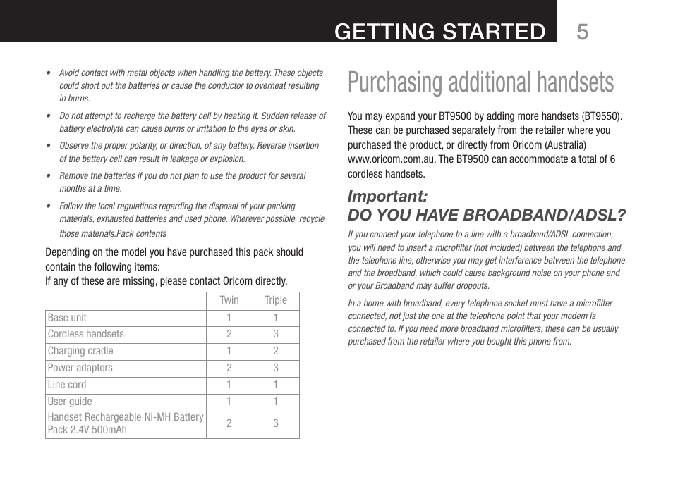 Purchasing additional handsets, Getting started, Important: do you have broadband/adsl | Oricom DECT BT9500 User Manual | Page 7 / 44