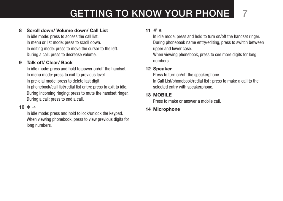 7getting to know your phone | Oricom DECT BT9500 User Manual | Page 9 / 44