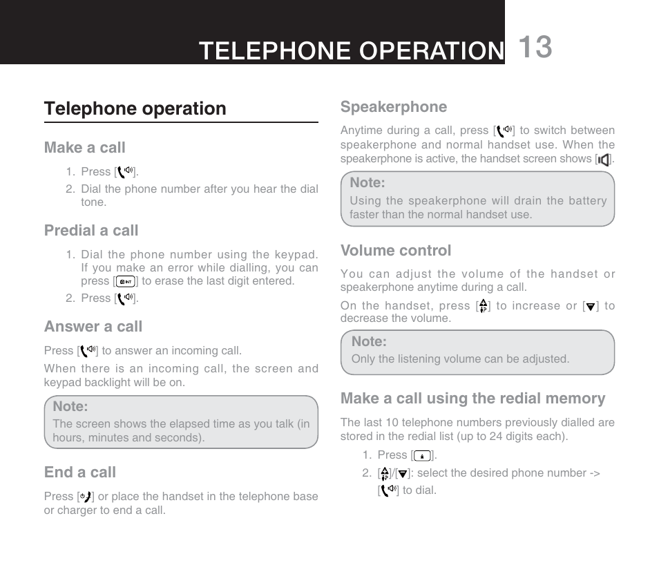 Telephone operation, Make a call, Predial a call | Answer a call, End a call, Speakerphone, Volume control | Oricom M800 User Manual | Page 15 / 43