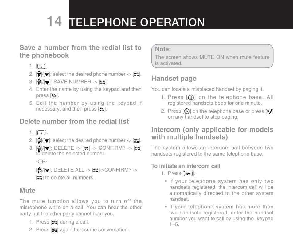 Telephone operation, Delete number from the redial list, Mute | Handset page | Oricom M800 User Manual | Page 16 / 43