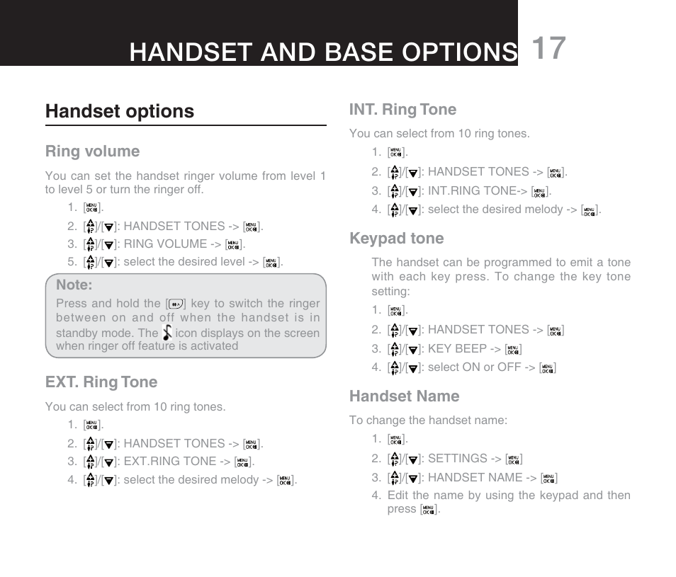 Handset and base options, Handset options, Ring volume | Ext. ring tone, Int. ring tone, Keypad tone, Handset name | Oricom M800 User Manual | Page 19 / 43