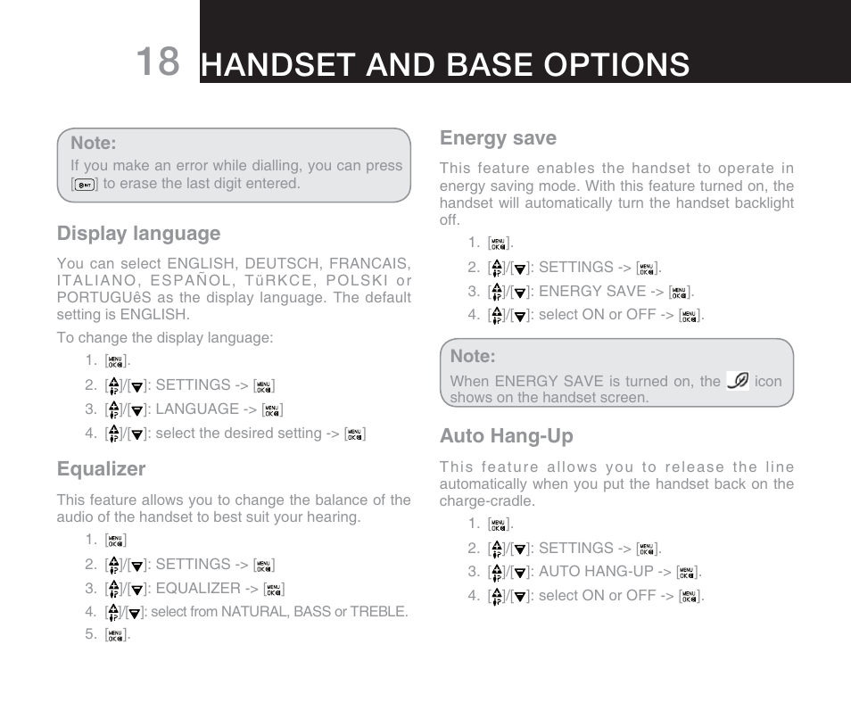 Handset and base options, Display language, Equalizer | Energy save, Auto hang-up | Oricom M800 User Manual | Page 20 / 43