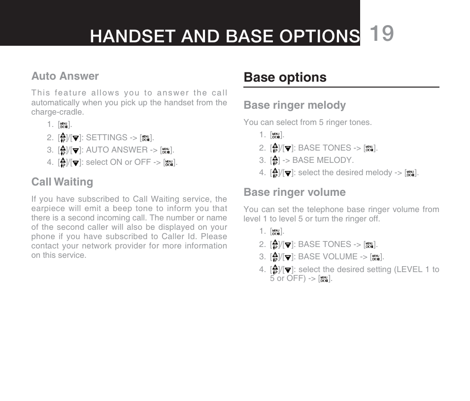 Handset and base options, Base options, Auto answer | Call waiting, Base ringer melody, Base ringer volume | Oricom M800 User Manual | Page 21 / 43