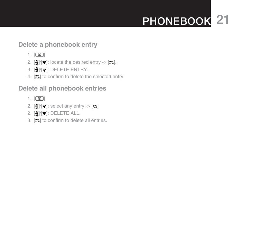 Phonebook, Delete a phonebook entry, Delete all phonebook entries | Oricom M800 User Manual | Page 23 / 43