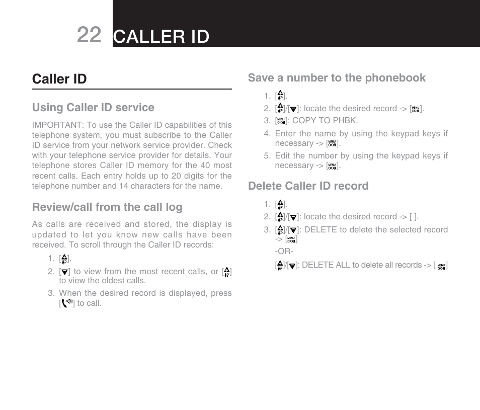 Caller id, Using caller id service, Review/call from the call log | Save a number to the phonebook, Delete caller id record | Oricom M800 User Manual | Page 24 / 43