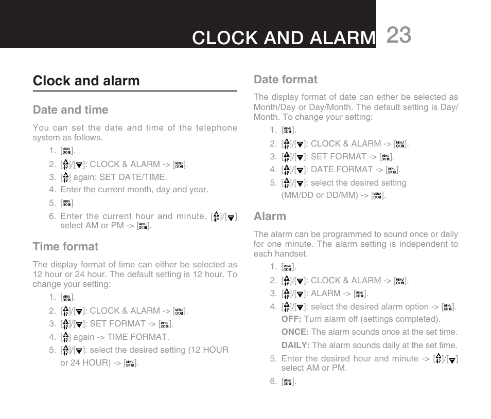 Clock and alarm, Date and time, Time format | Date format, Alarm | Oricom M800 User Manual | Page 25 / 43