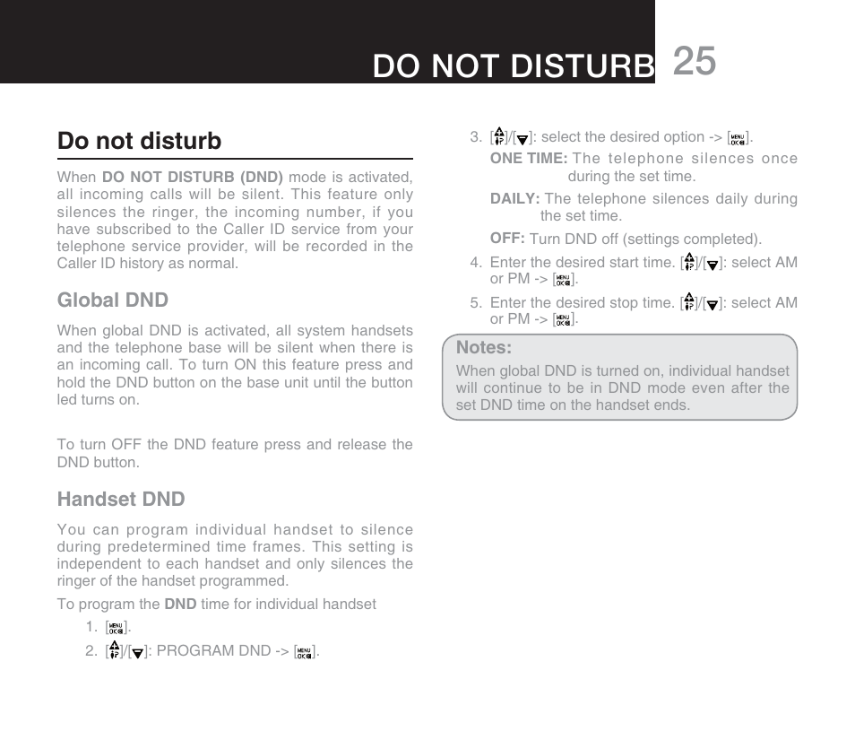 Do not disturb, Global dnd, Handset dnd | Oricom M800 User Manual | Page 27 / 43