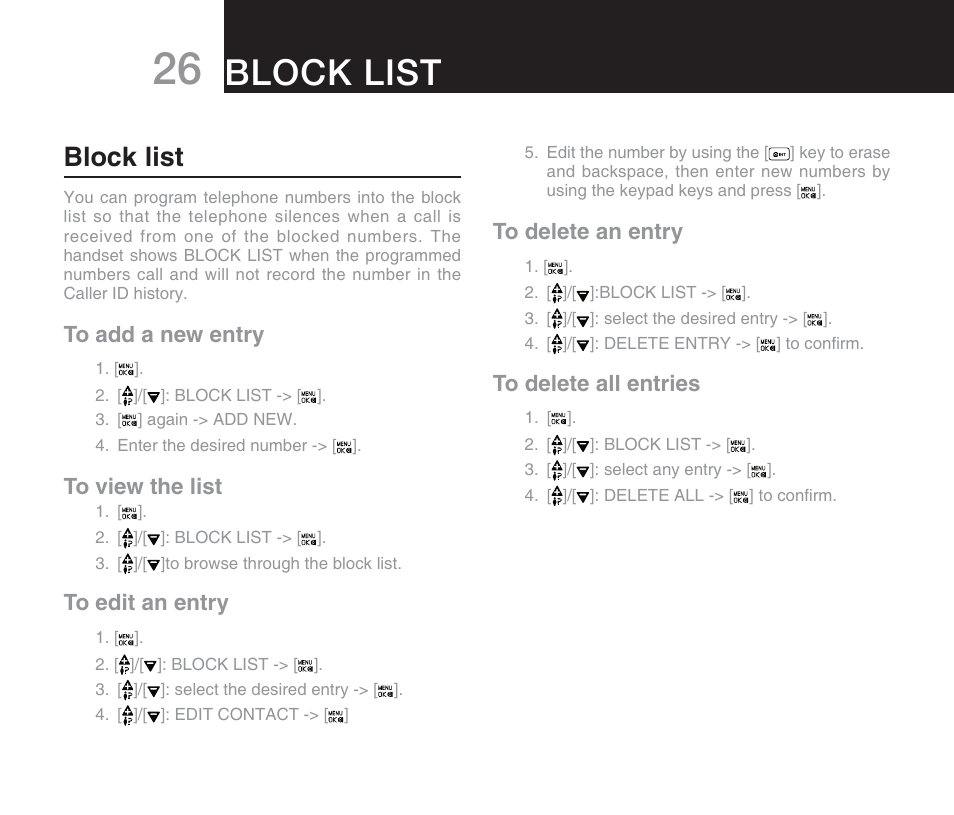 Block list | Oricom M800 User Manual | Page 28 / 43