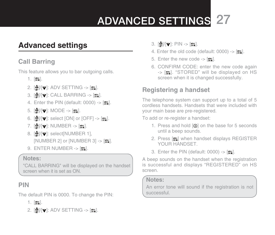 Advanced settings, Call barring, Registering a handset | Oricom M800 User Manual | Page 29 / 43