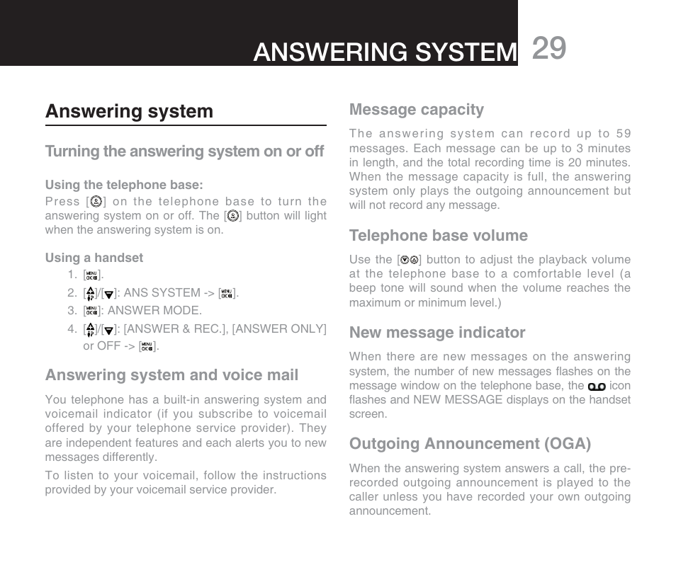 Answering system, Turning the answering system on or off, Answering system and voice mail | Message capacity, Telephone base volume, New message indicator, Outgoing announcement (oga) | Oricom M800 User Manual | Page 31 / 43