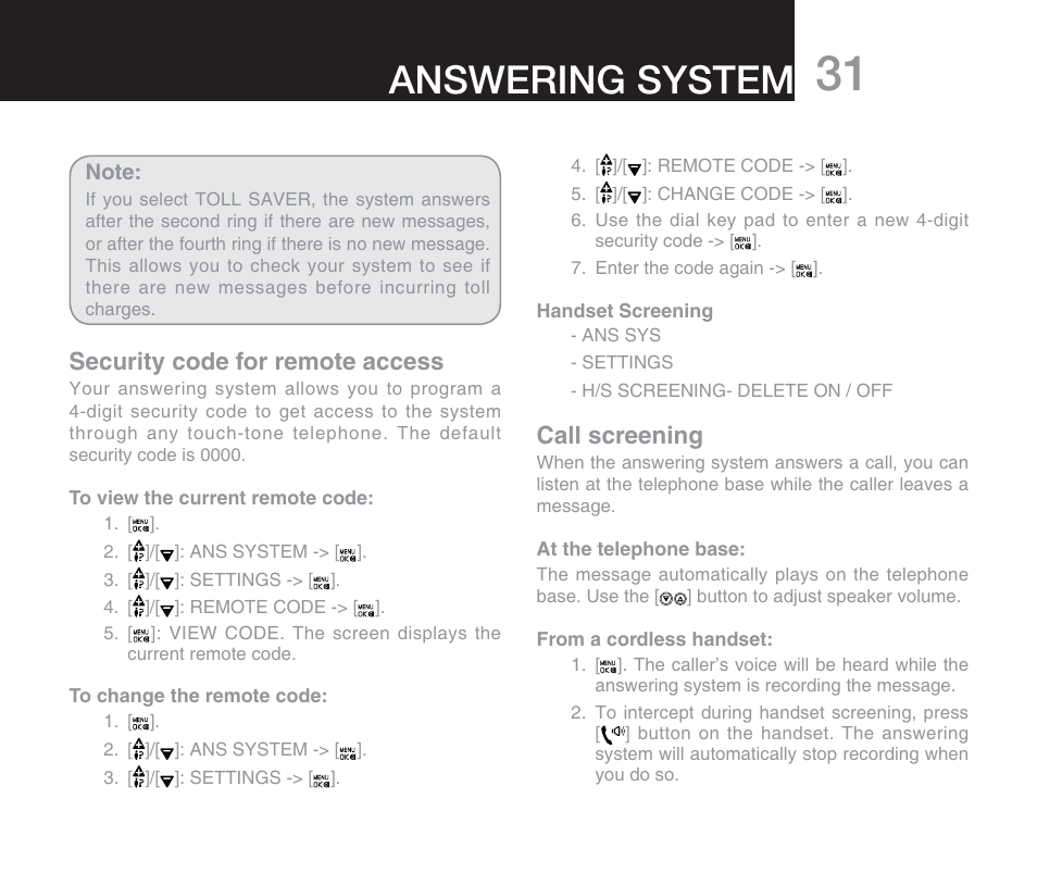 Answering system, Security code for remote access, Call screening | Oricom M800 User Manual | Page 33 / 43