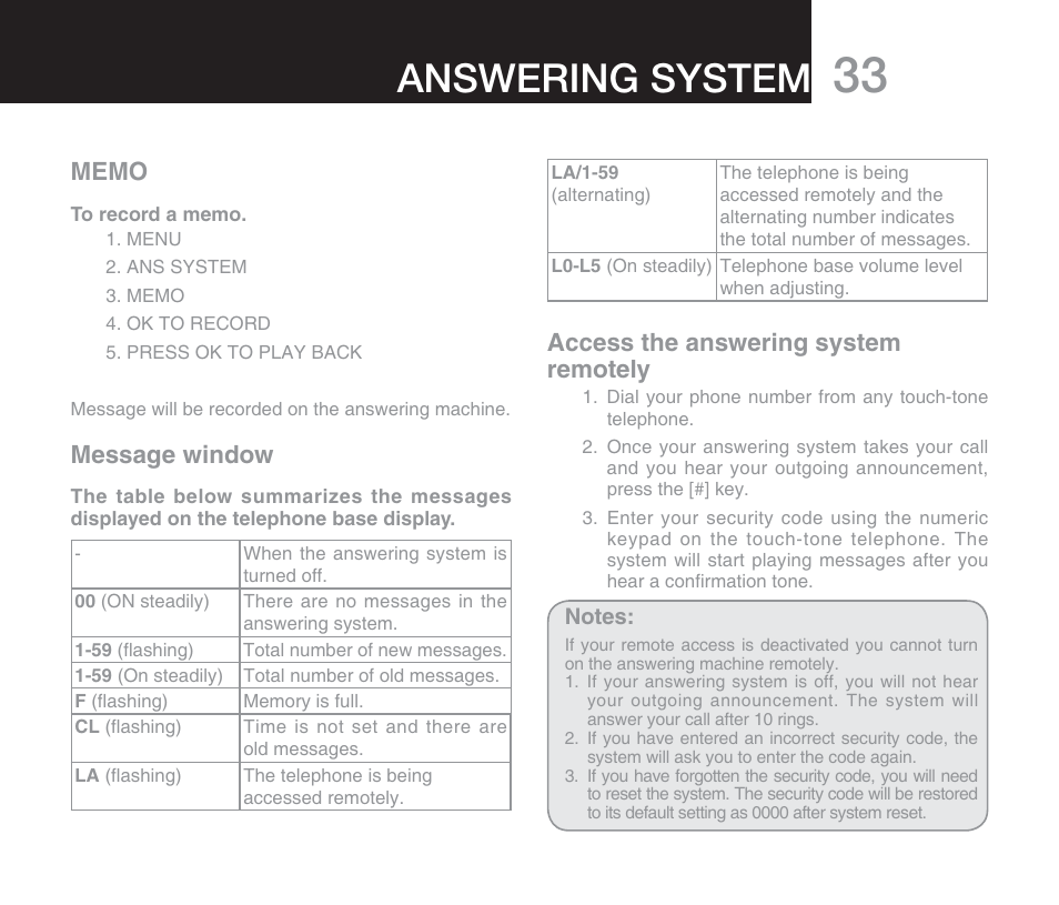 Answering system, Message window, Access the answering system remotely | Oricom M800 User Manual | Page 35 / 43