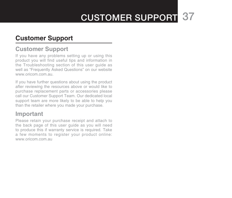 Customer support | Oricom M800 User Manual | Page 39 / 43