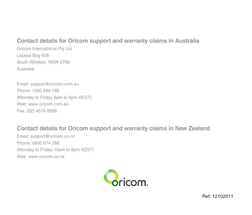 Oricom M800 User Manual | Page 43 / 43