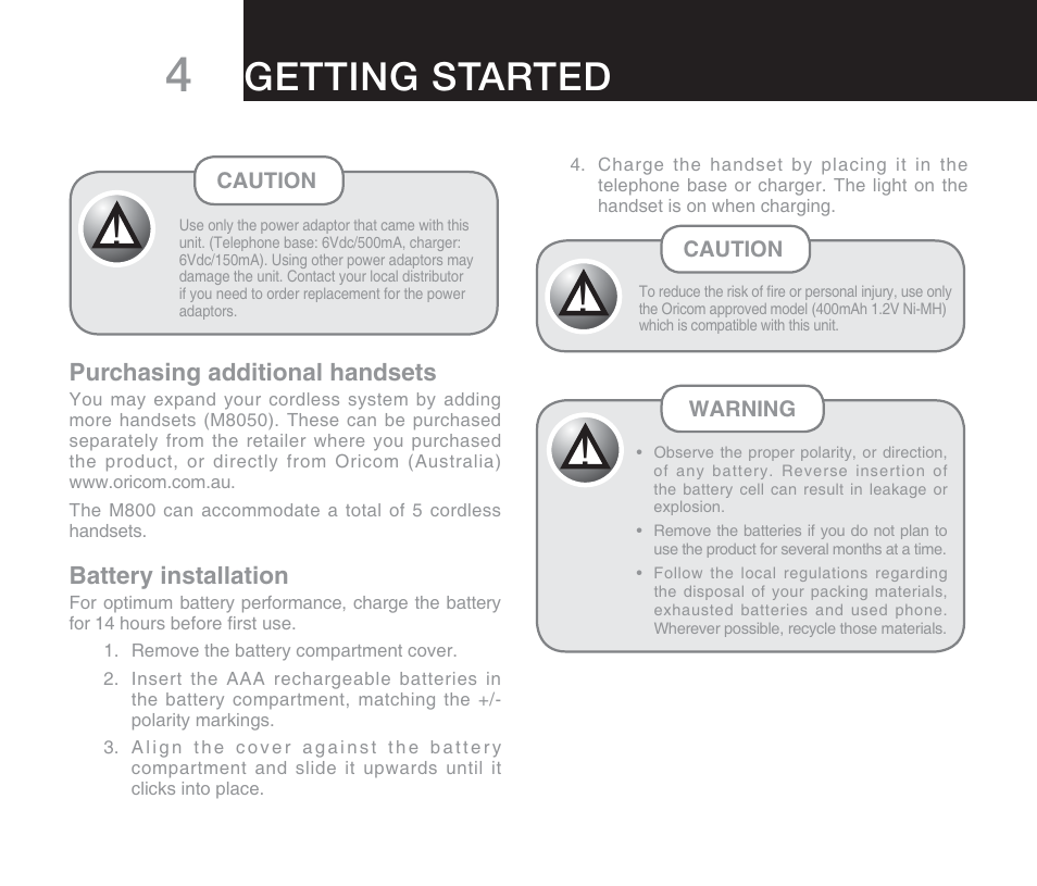 Getting started | Oricom M800 User Manual | Page 6 / 43