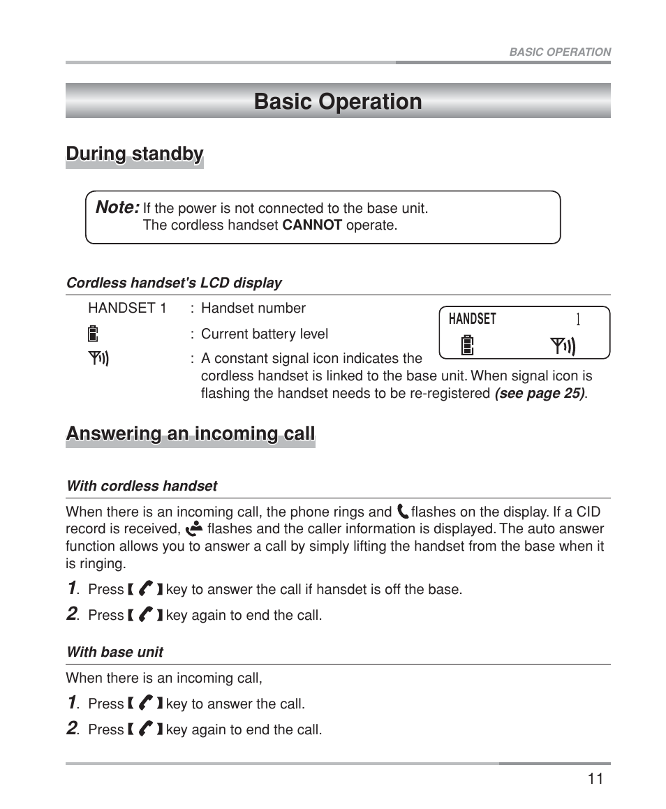 Basic operation, During standby, Answering an incoming call | Oricom M5200 Series User Manual | Page 13 / 44