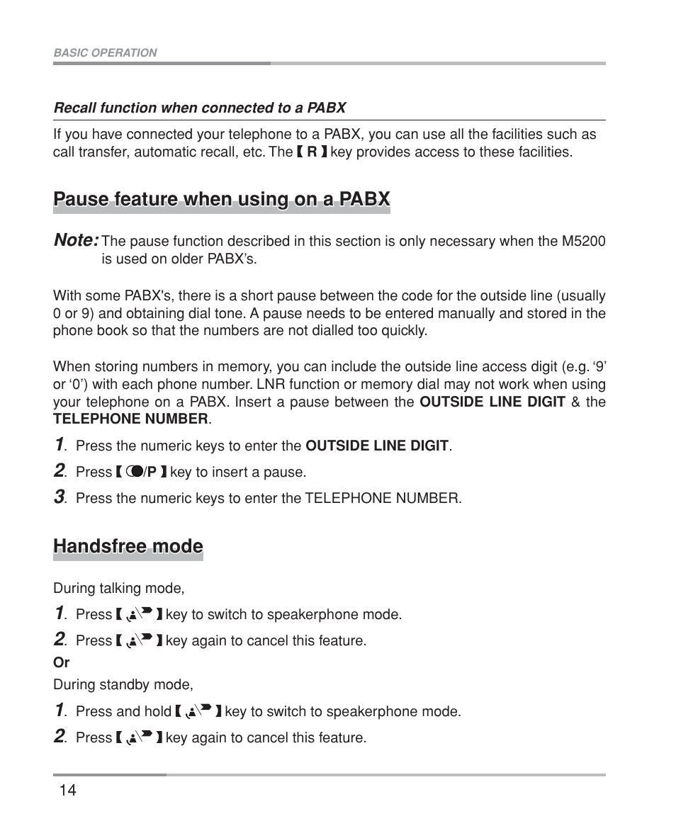 Pause feature when using on a pabx, Handsfree mode | Oricom M5200 Series User Manual | Page 16 / 44