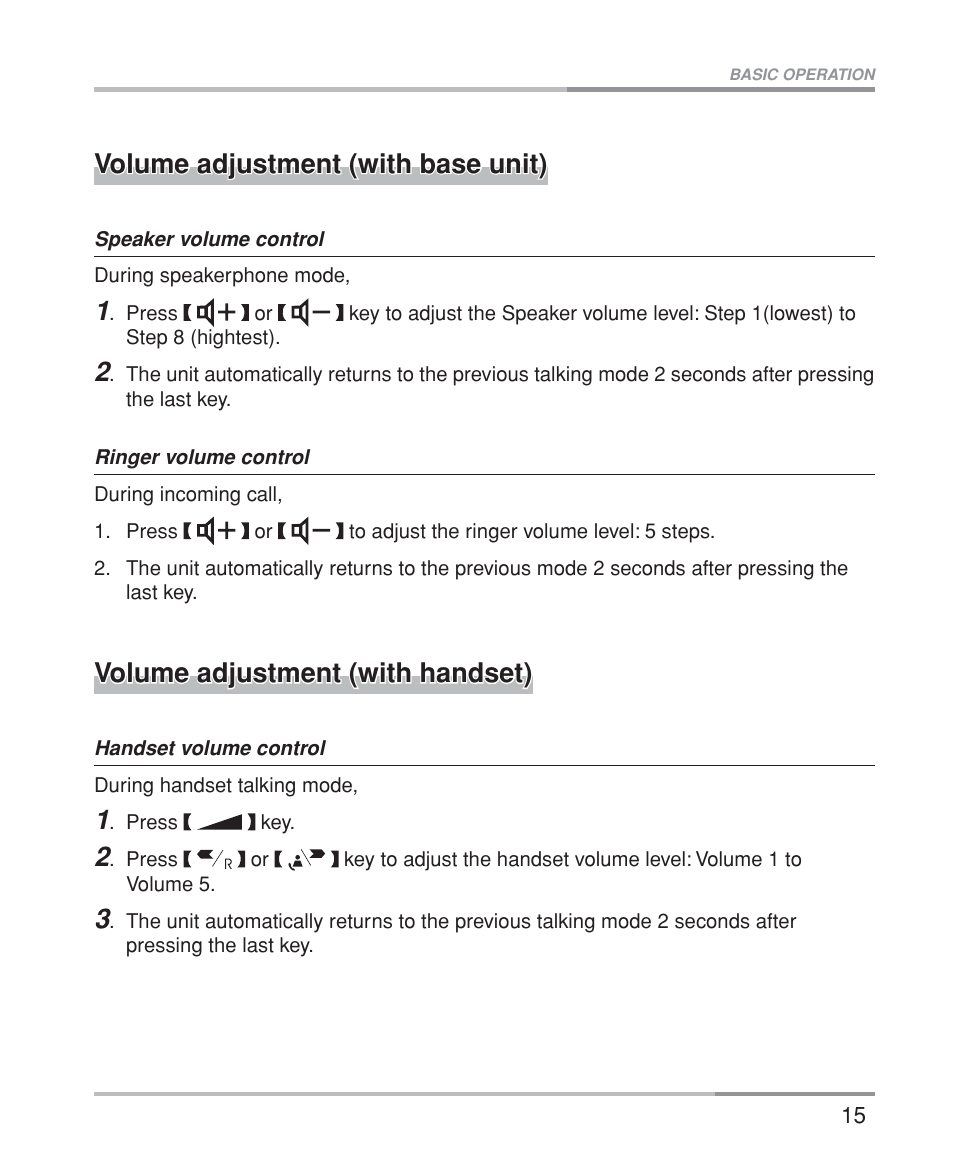 Volume adjustment (with base unit), Volume adjustment (with handset) | Oricom M5200 Series User Manual | Page 17 / 44