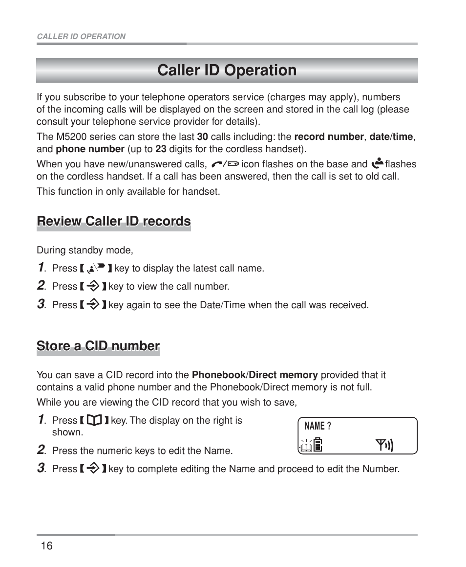 Caller id operation, Review caller id records, Store a cid number | Oricom M5200 Series User Manual | Page 18 / 44