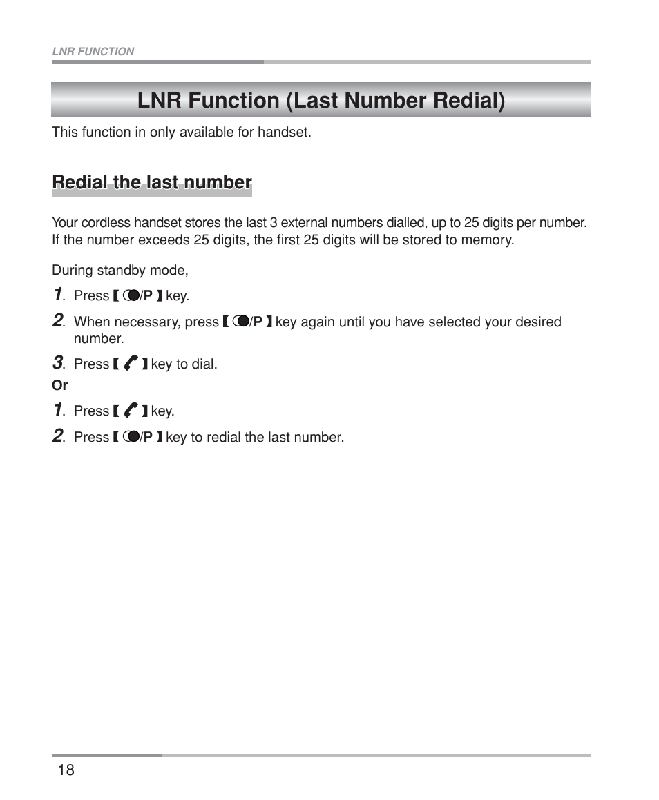 Lnr function (last number redial), Redial the last number | Oricom M5200 Series User Manual | Page 20 / 44