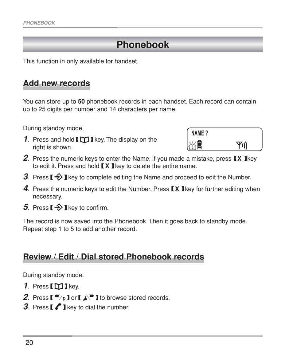 Phonebook, Add new records, Review / edit / dial stored phonebook records | Oricom M5200 Series User Manual | Page 22 / 44