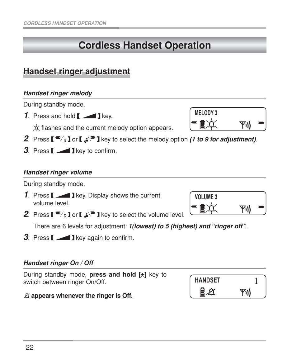 Cordless handset operation, Handset ringer adjustment | Oricom M5200 Series User Manual | Page 24 / 44