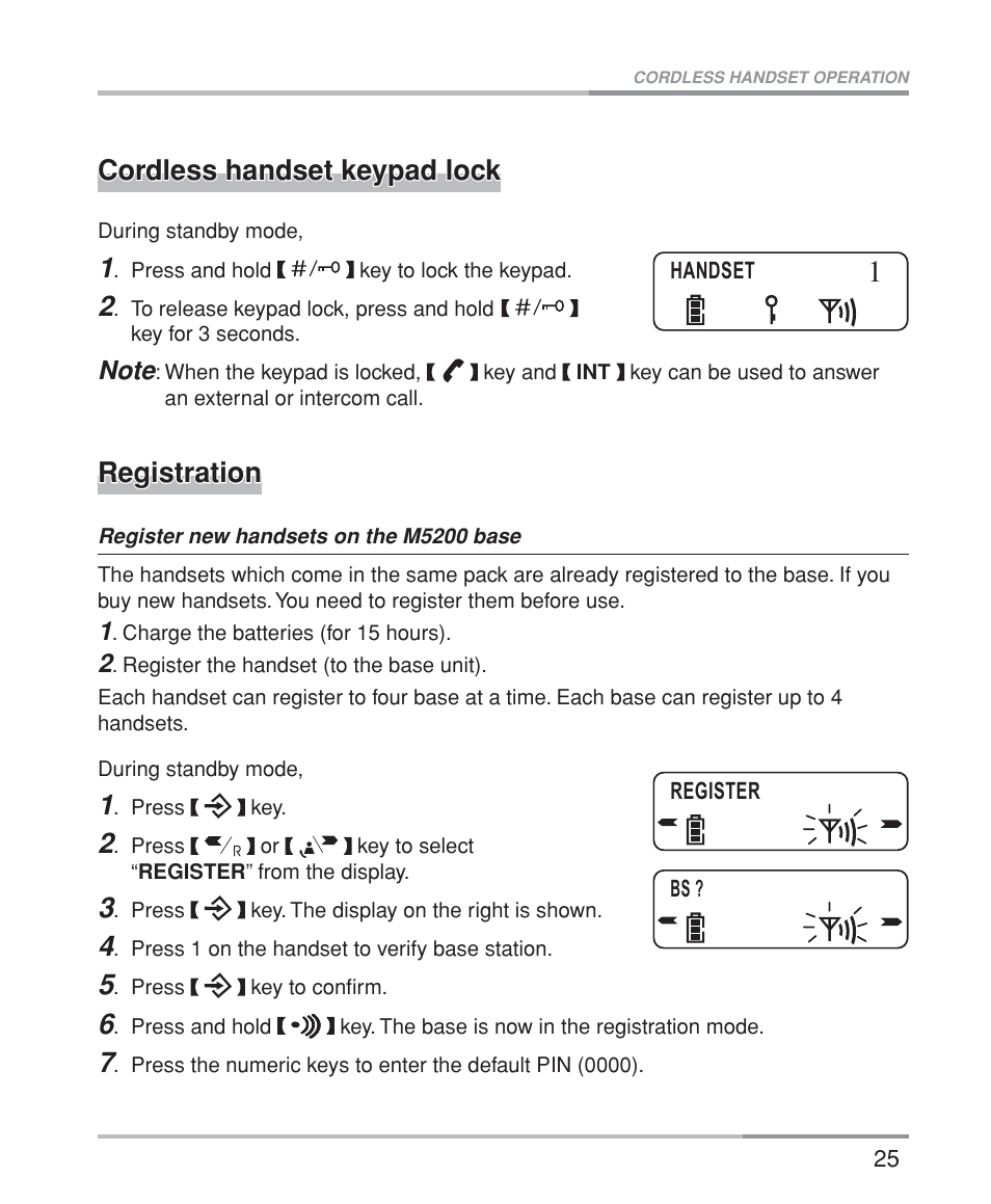 Cordless handset keypad lock, Registration | Oricom M5200 Series User Manual | Page 27 / 44
