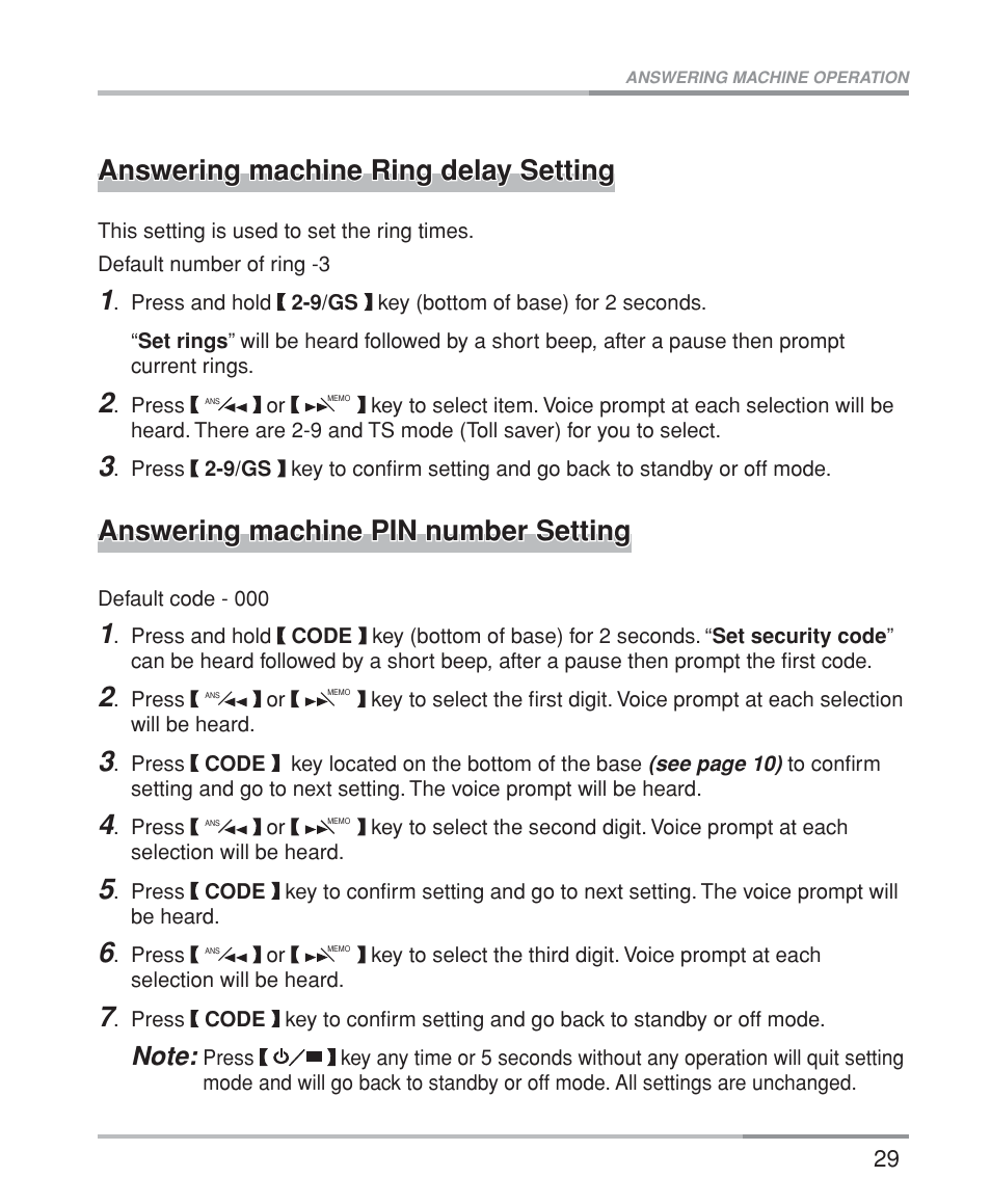 Answering machine ring delay setting, Answering machine pin number setting | Oricom M5200 Series User Manual | Page 31 / 44