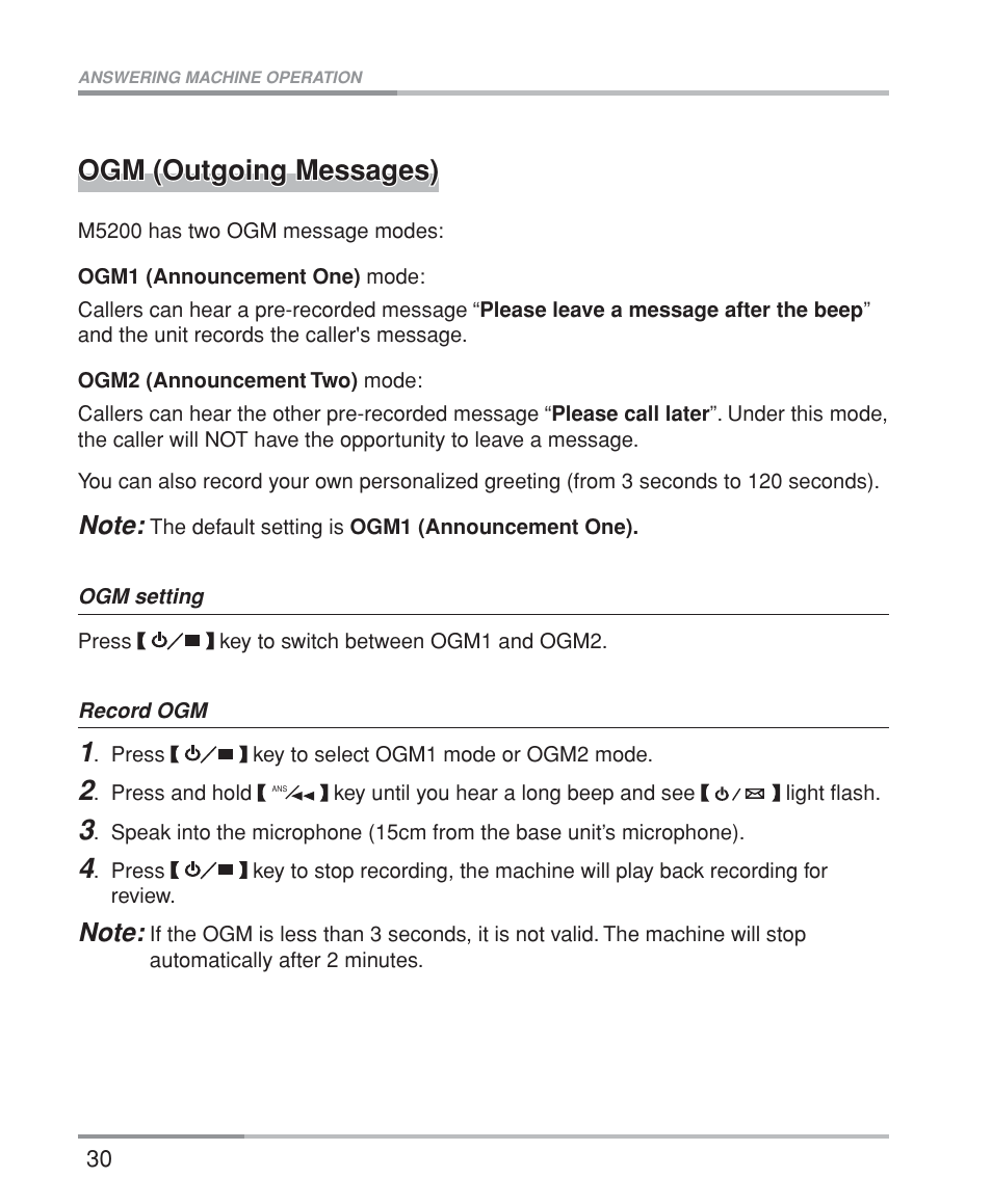 Ogm (outgoing messages) | Oricom M5200 Series User Manual | Page 32 / 44