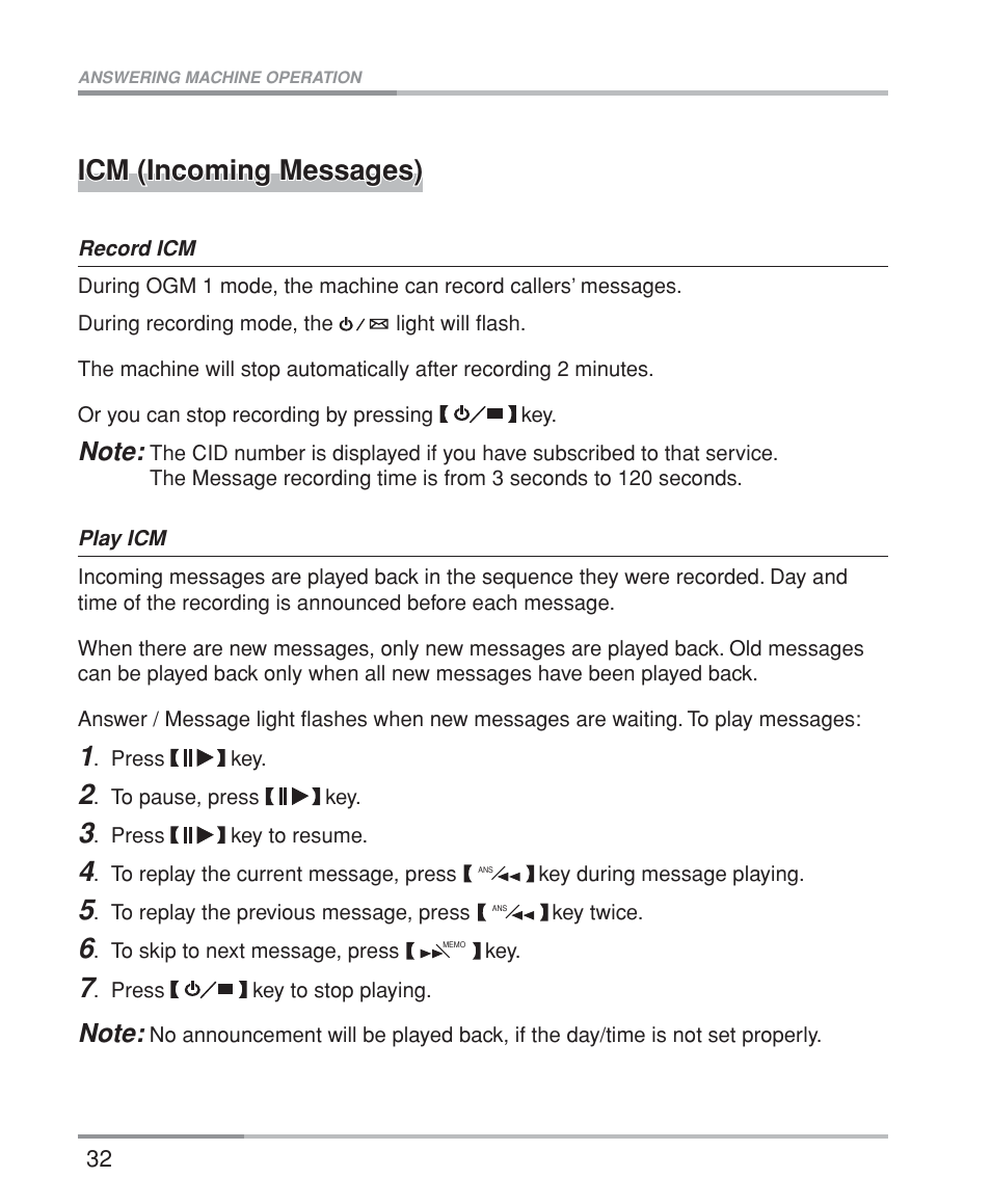 Icm (incoming messages) | Oricom M5200 Series User Manual | Page 34 / 44