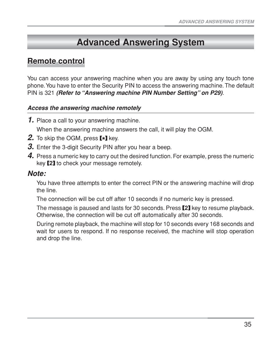 Advanced answering system, Remote control | Oricom M5200 Series User Manual | Page 37 / 44
