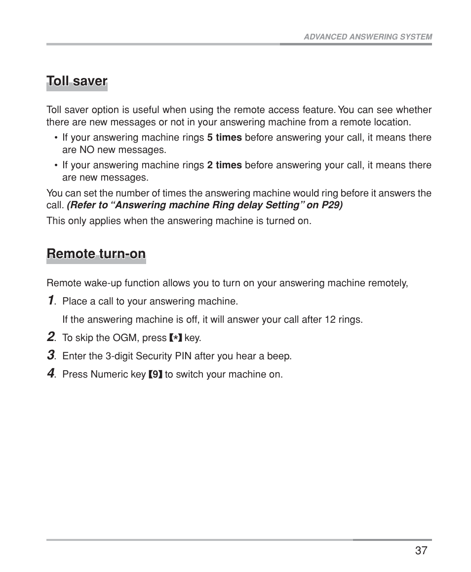 Toll saver, Remote turn-on | Oricom M5200 Series User Manual | Page 39 / 44
