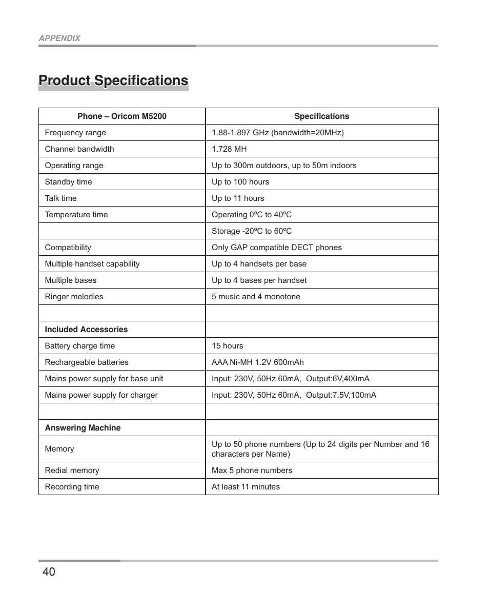 Product speciﬁcations | Oricom M5200 Series User Manual | Page 42 / 44