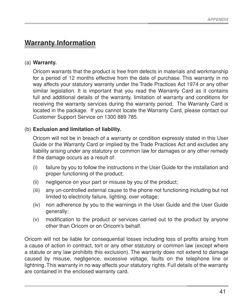 Warranty information | Oricom M5200 Series User Manual | Page 43 / 44