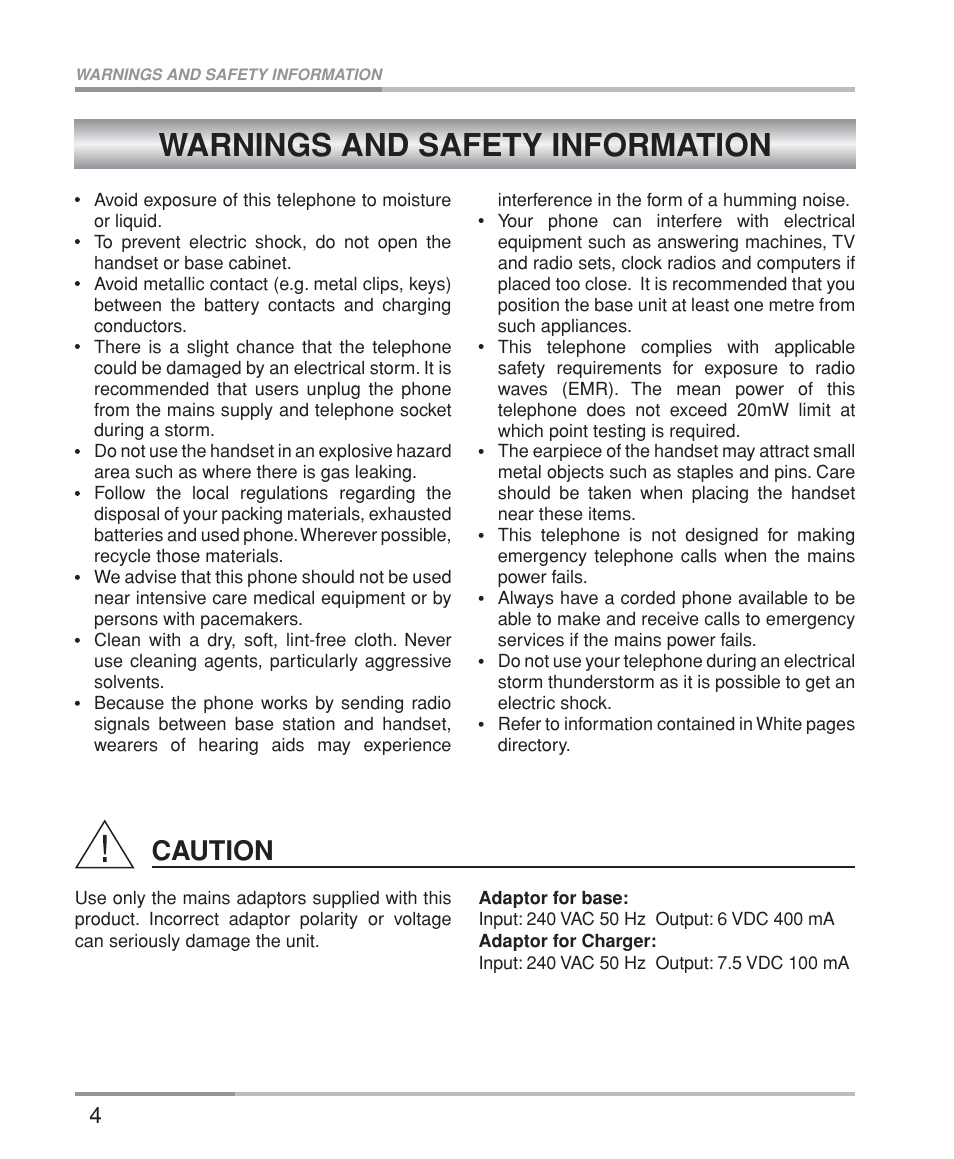 Warnings and safety information, Caution | Oricom M5200 Series User Manual | Page 6 / 44