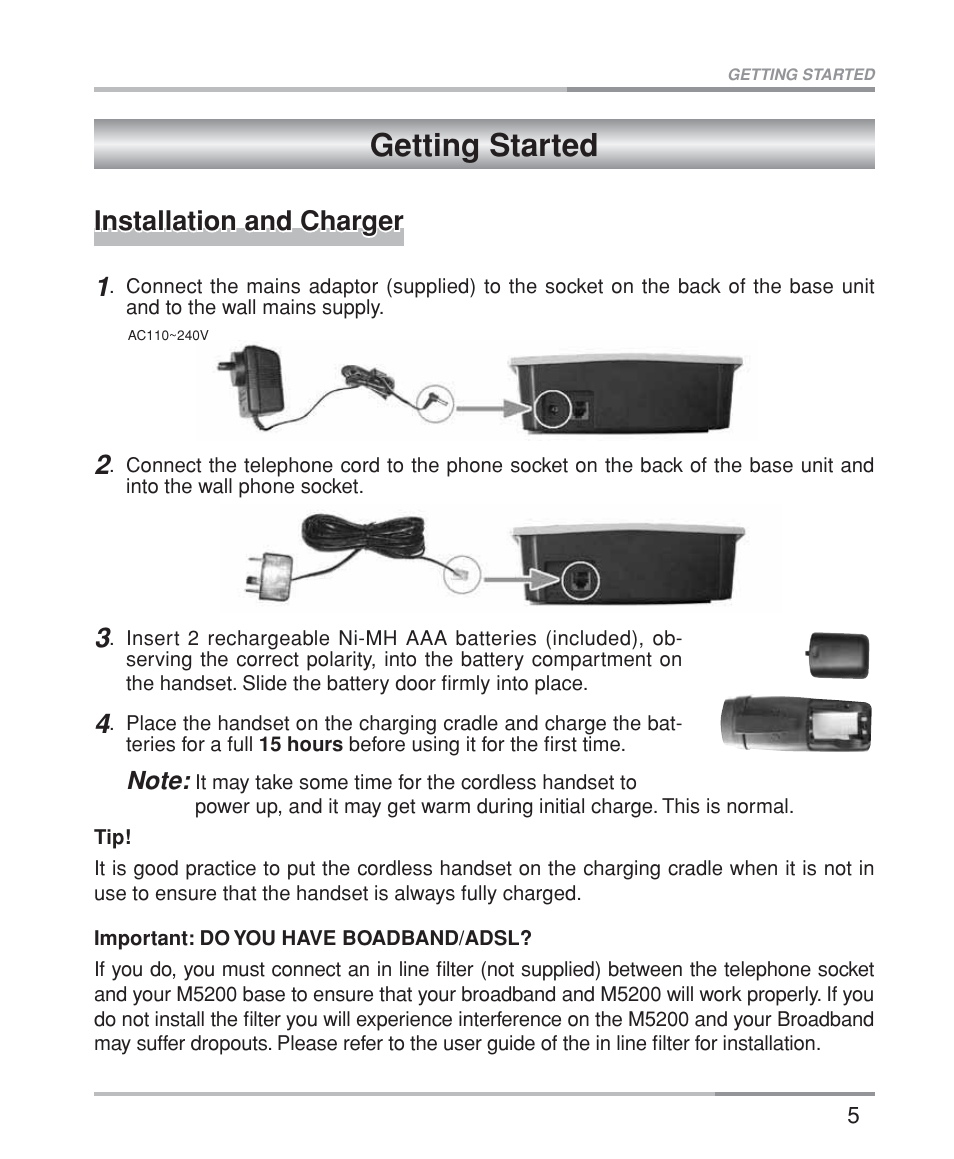 Getting started, Installation and charger 1 | Oricom M5200 Series User Manual | Page 7 / 44