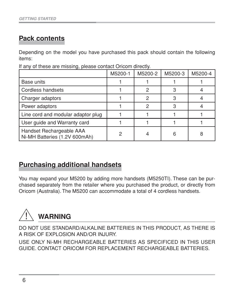Pack contents, Warning, Purchasing additional handsets | Oricom M5200 Series User Manual | Page 8 / 44