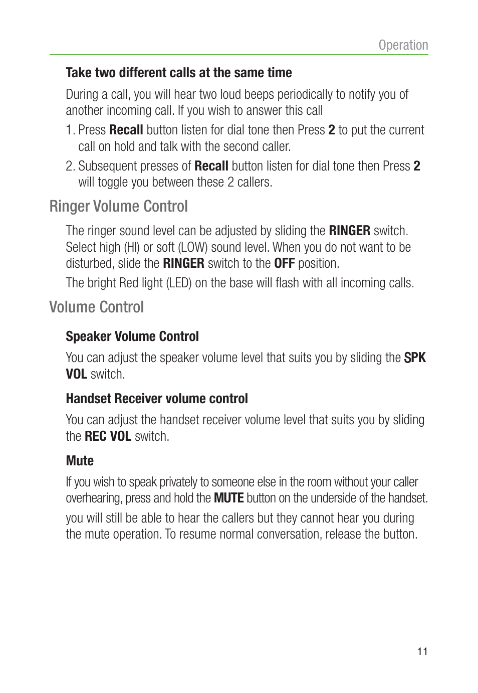 Ringer volume control, Volume control | Oricom TP30 User Manual | Page 13 / 27