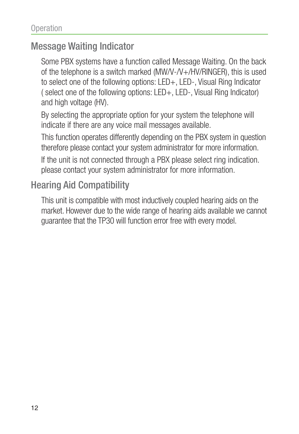 Message waiting indicator, Hearing aid compatibility | Oricom TP30 User Manual | Page 14 / 27