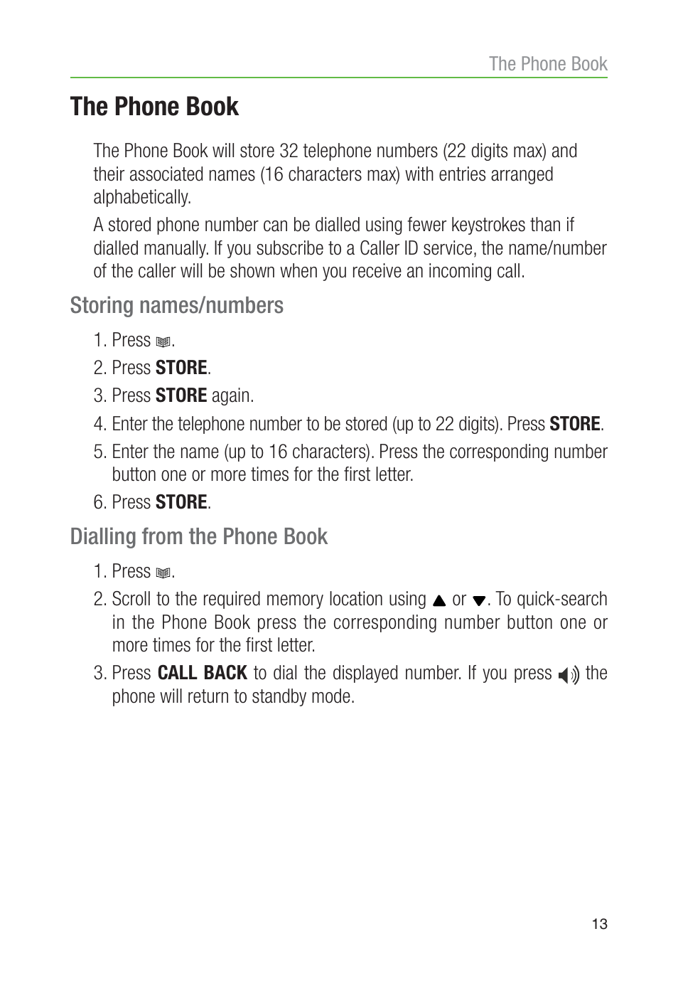 The phone book, Storing names/numbers, Dialling from the phone book | Oricom TP30 User Manual | Page 15 / 27