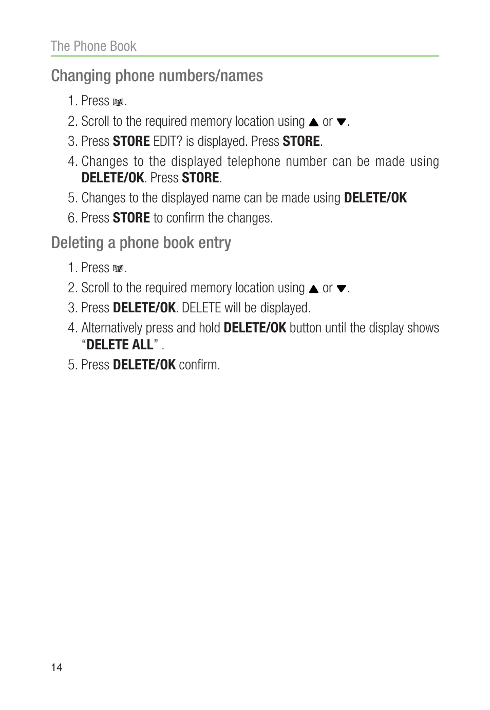 Changing phone numbers/names, Deleting a phone book entry | Oricom TP30 User Manual | Page 16 / 27
