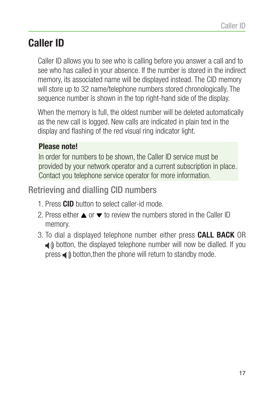 Caller id, Retrieving and dialling cid numbers | Oricom TP30 User Manual | Page 19 / 27