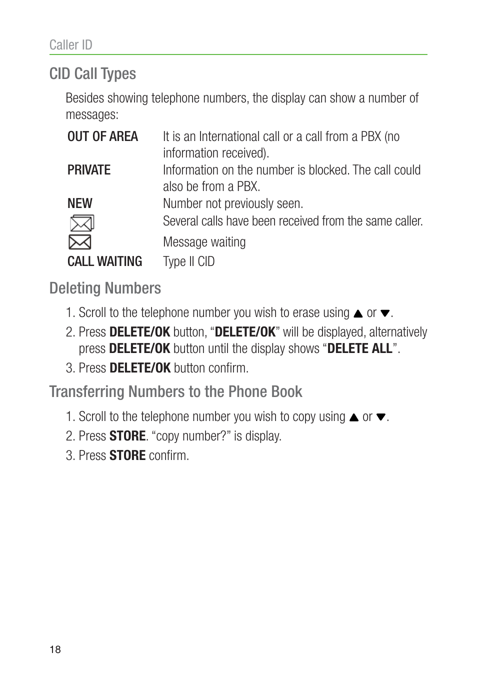 Cid call types, Deleting numbers, Transferring numbers to the phone book | Oricom TP30 User Manual | Page 20 / 27