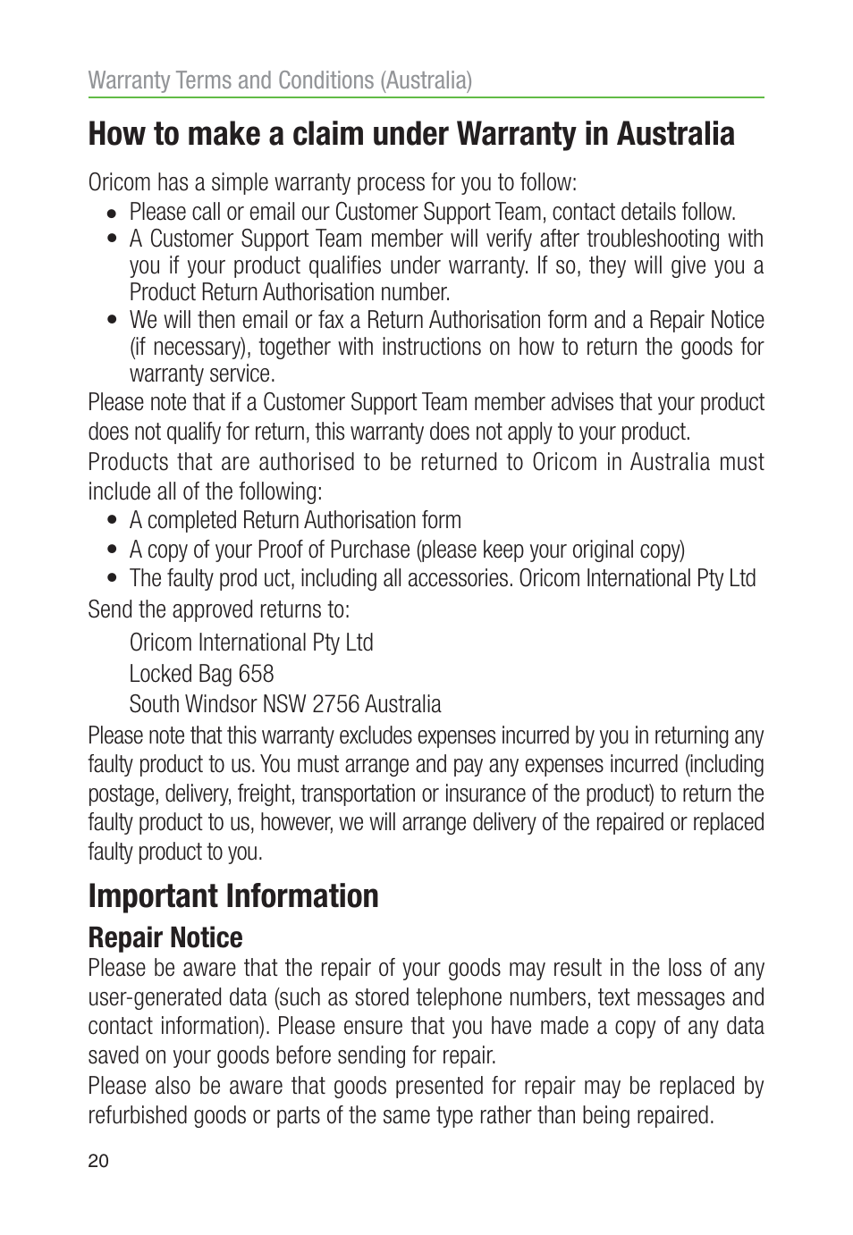 How to make a claim under warranty in australia, Important information, Repair notice | Oricom TP30 User Manual | Page 22 / 27