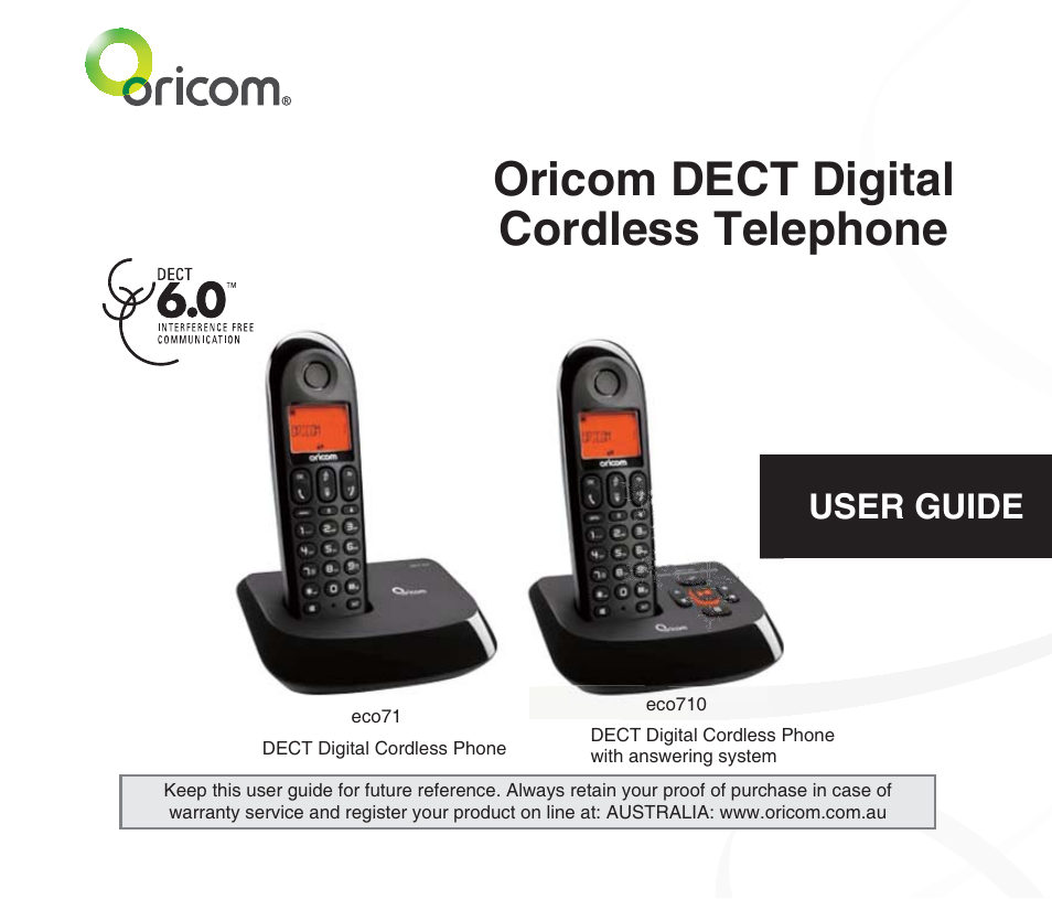 Oricom DECT DIGITAL CORDLESS PHONE ECO71 User Manual | 40 pages