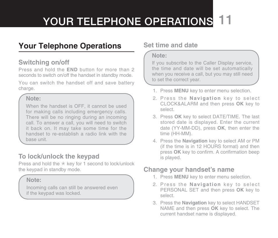 Your telephone operations | Oricom DECT DIGITAL CORDLESS PHONE ECO71 User Manual | Page 13 / 40