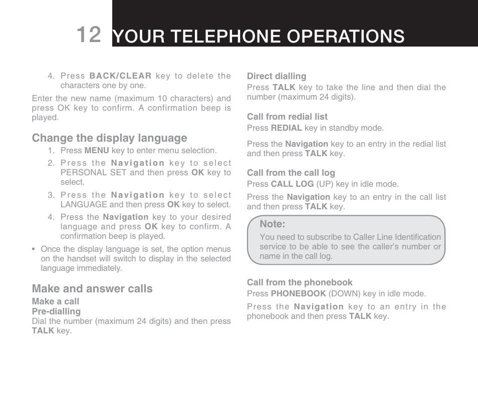 Your telephone operations, Change the display language, Make and answer calls | Oricom DECT DIGITAL CORDLESS PHONE ECO71 User Manual | Page 14 / 40