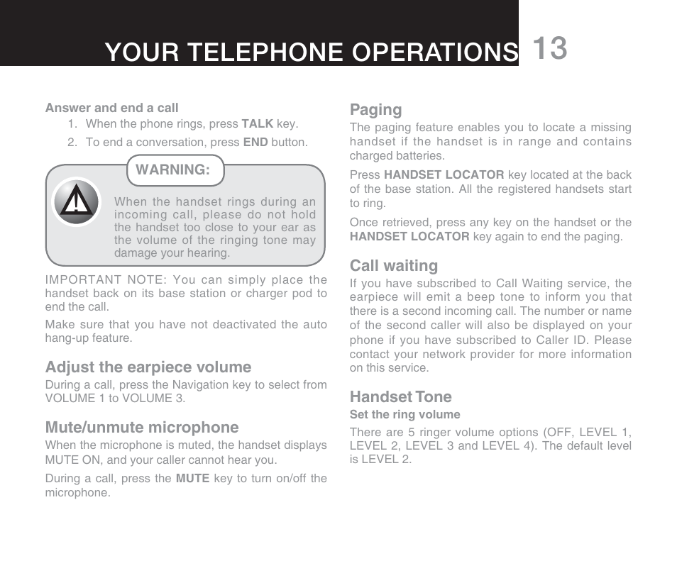 Your telephone operations | Oricom DECT DIGITAL CORDLESS PHONE ECO71 User Manual | Page 15 / 40