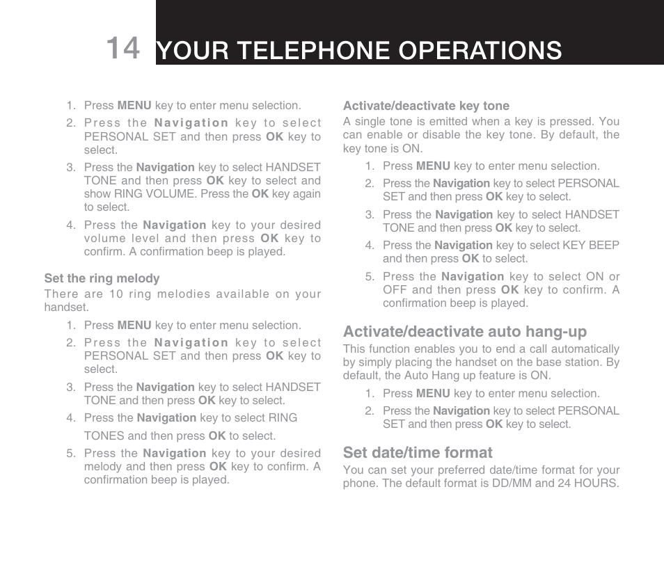 Your telephone operations, Activate/deactivate auto hang-up, Set date/time format | Oricom DECT DIGITAL CORDLESS PHONE ECO71 User Manual | Page 16 / 40