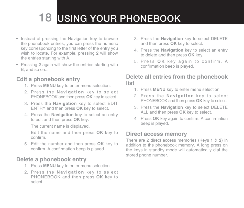 Using your phonebook, Delete all entries from the phonebook list, Edit a phonebook entry | Delete a phonebook entry | Oricom DECT DIGITAL CORDLESS PHONE ECO71 User Manual | Page 20 / 40